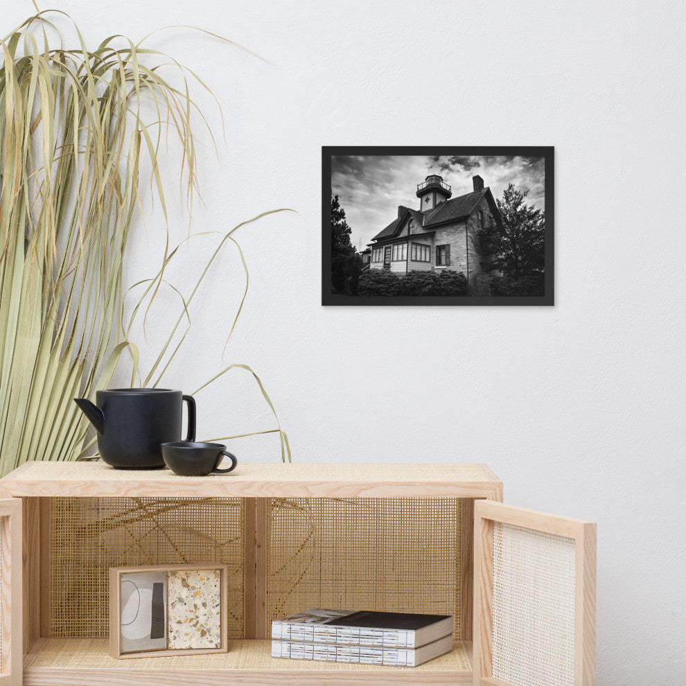 Cedar Point Lighthouse in Black and White Framed Photo Paper Wall Art Prints, Black, 12" X 18"