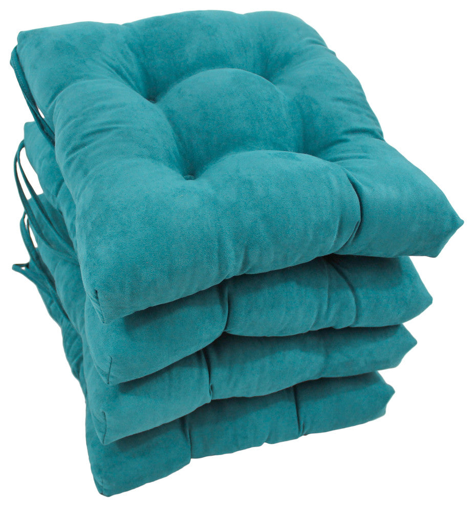 16" Solid Micro Suede Square Tufted Chair Cushions, Set of 4, Aqua Blue