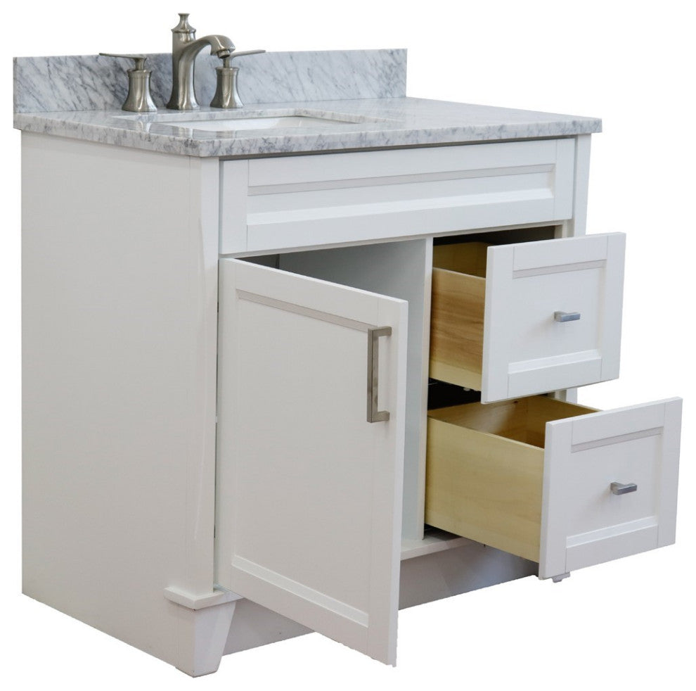 37" Single Sink Vanity, White Finish With White Carrara Marble