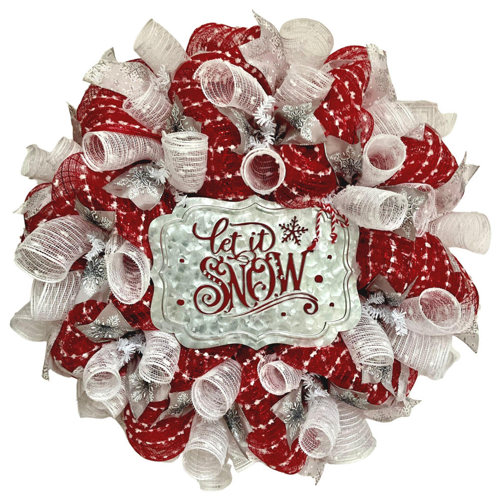 Let It Snow Glittering Red and White Snowdrift Winter Wreath Handmade Deco Mesh