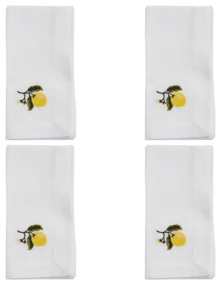 EmbroideredTable Napkins With Lemon Design (Set of 4), White, 20"x20"