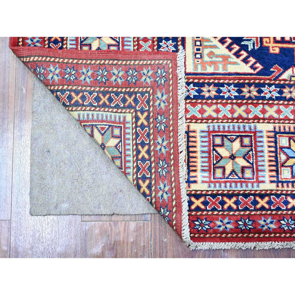 Scarlet Red Shirvan Weave Afghan Super Kazak Wool Hand Knotted Rug, 5'8"x8'1"