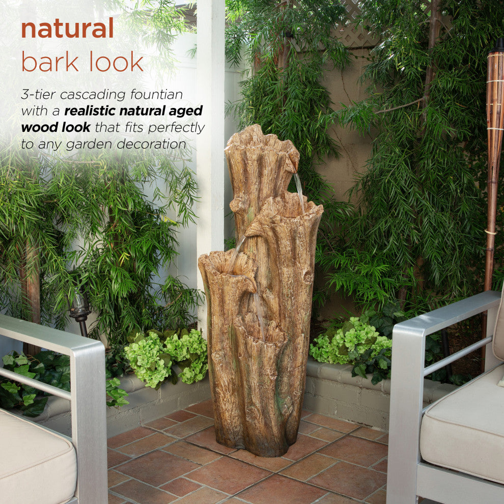 3-Tier Cascading Tree Bark Fountain with LED Lights