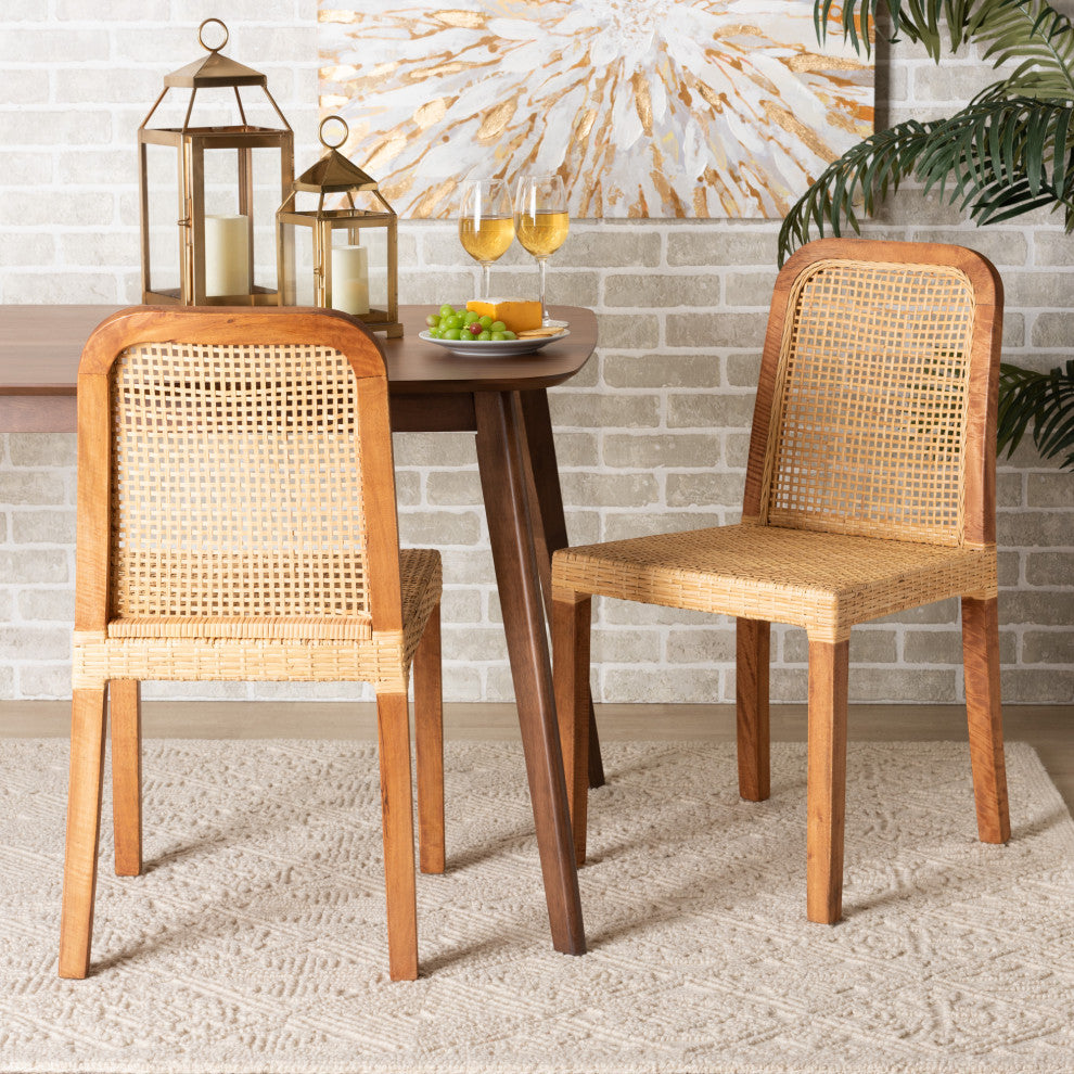 Caspia Modern Walnut Brown Finished Wood and Natural Rattan Dining Chair Set