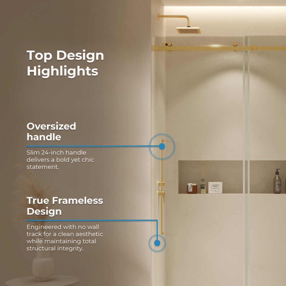 Selby Frameless Sliding Clear Alcove Shower Door, Brushed Gold, 72"