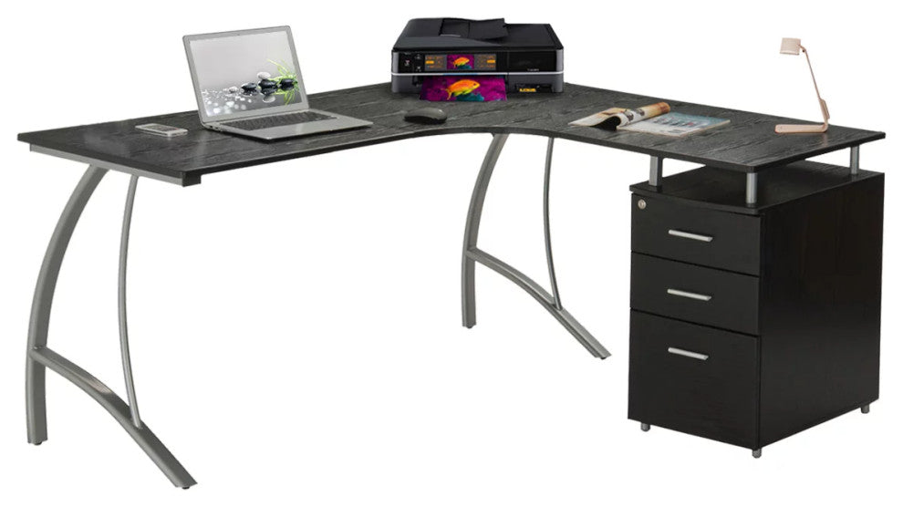 Modern L-Shaped Desk, Lockable File Cabinet & Spacious Curved Worktop, Espresso