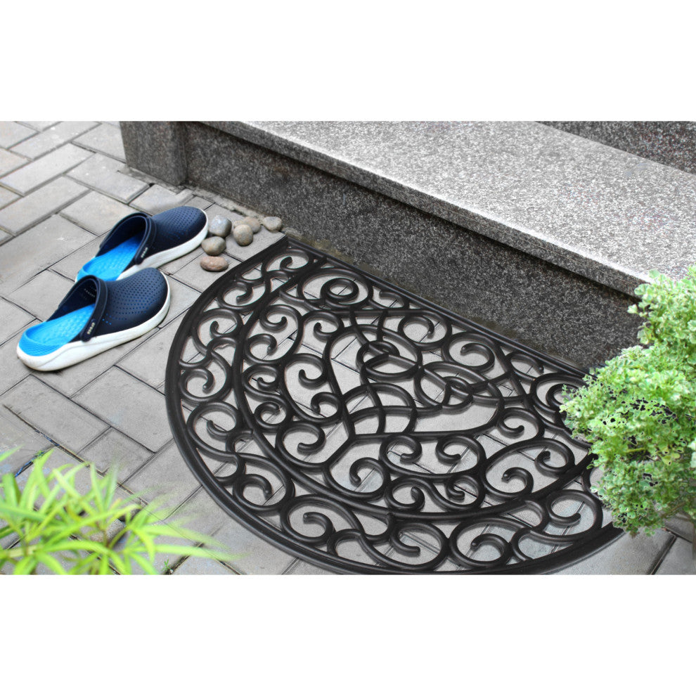 Black Moulded Vines Half-round Rubber Doormat, 24"x36"