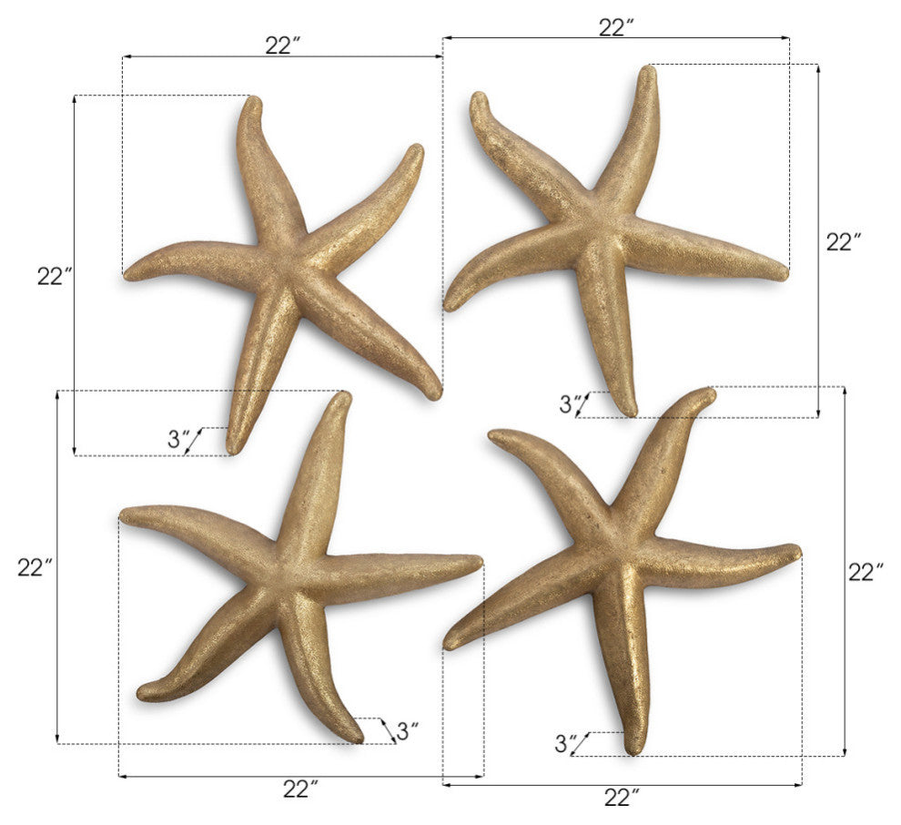 Starfish, Gold Leaf, 4-Piece Set, Small, Gold, Large