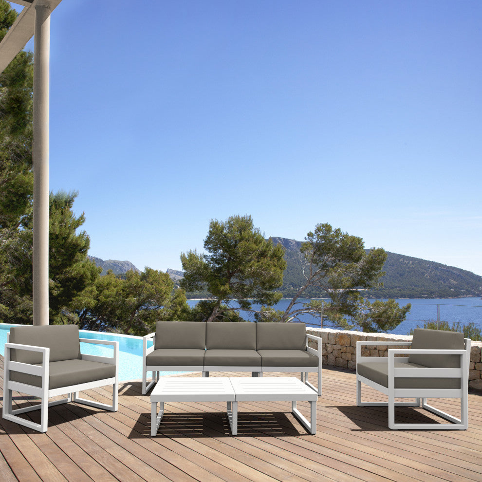 Mykonos 5 Person Lounge Set White With Acrylic Fabric Taupe Cushion