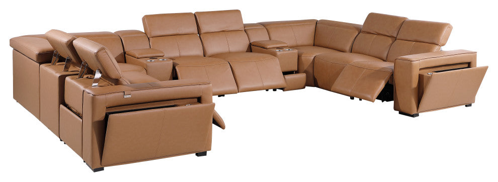 Niccolo Italian Leather 10-Piece U-Shaped 4 Power Reclining Sectional, Cognac