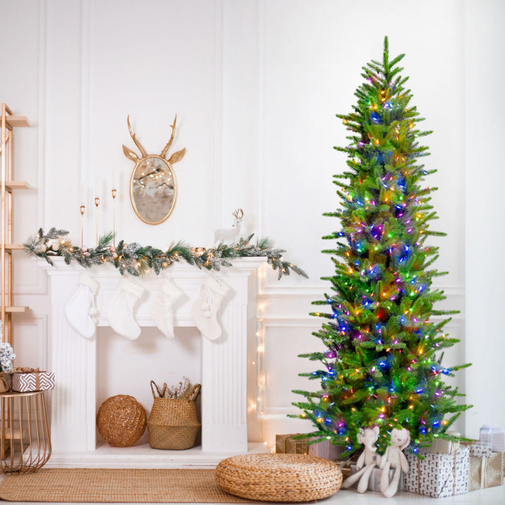 9' Carmel Pine Slim Artificial Christmas Tree, Multi-Color Led String Lights