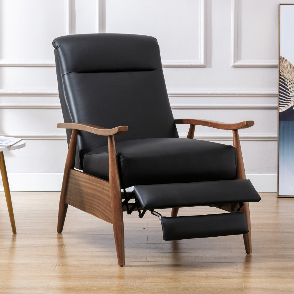 Fairview Leather Wood Arm Push Back Recliner, Black