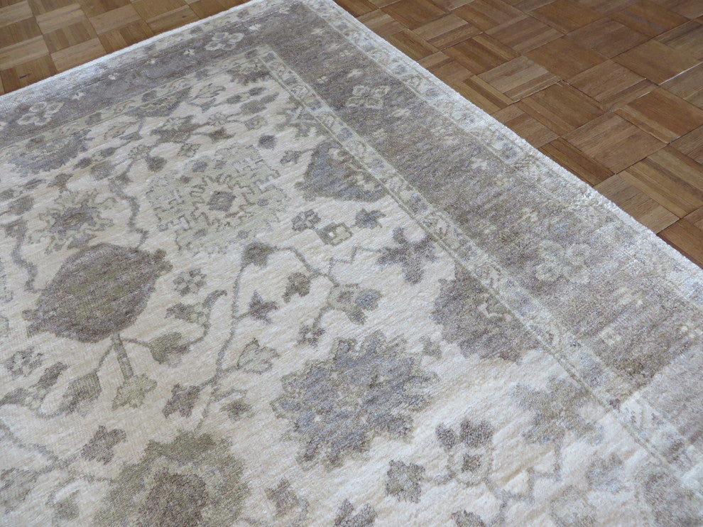 6'x9' Hand Knotted Ivory & Gray Bamboo Silk Oushak Oriental Rug