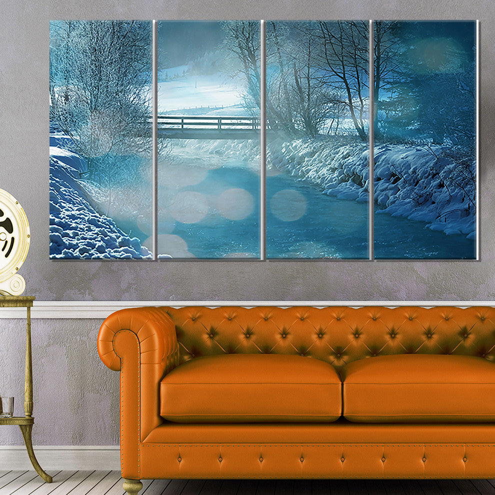 Beautiful Winter River View, Oversized Landscape Canvas Art, 48"x28", 4 Panels