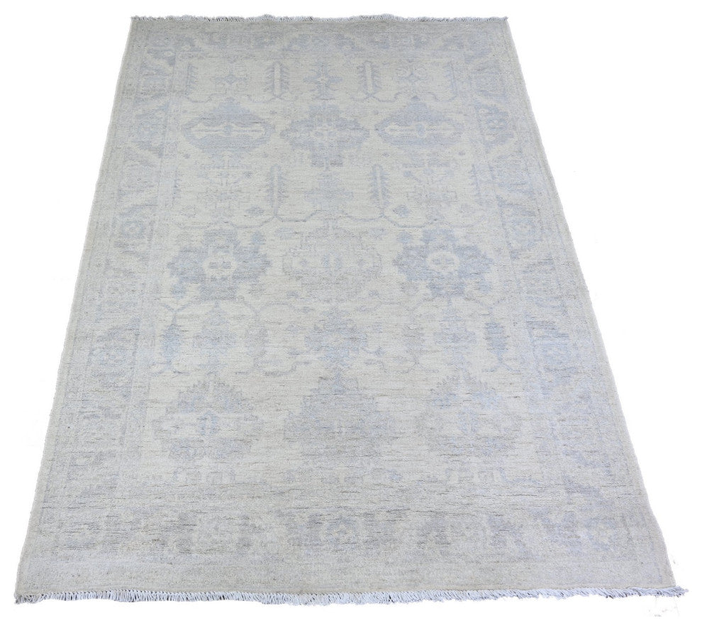 Ivory White Wash Peshawar With Faded Colors Wool Hand Knotted Rug, 4'1"x5'8"