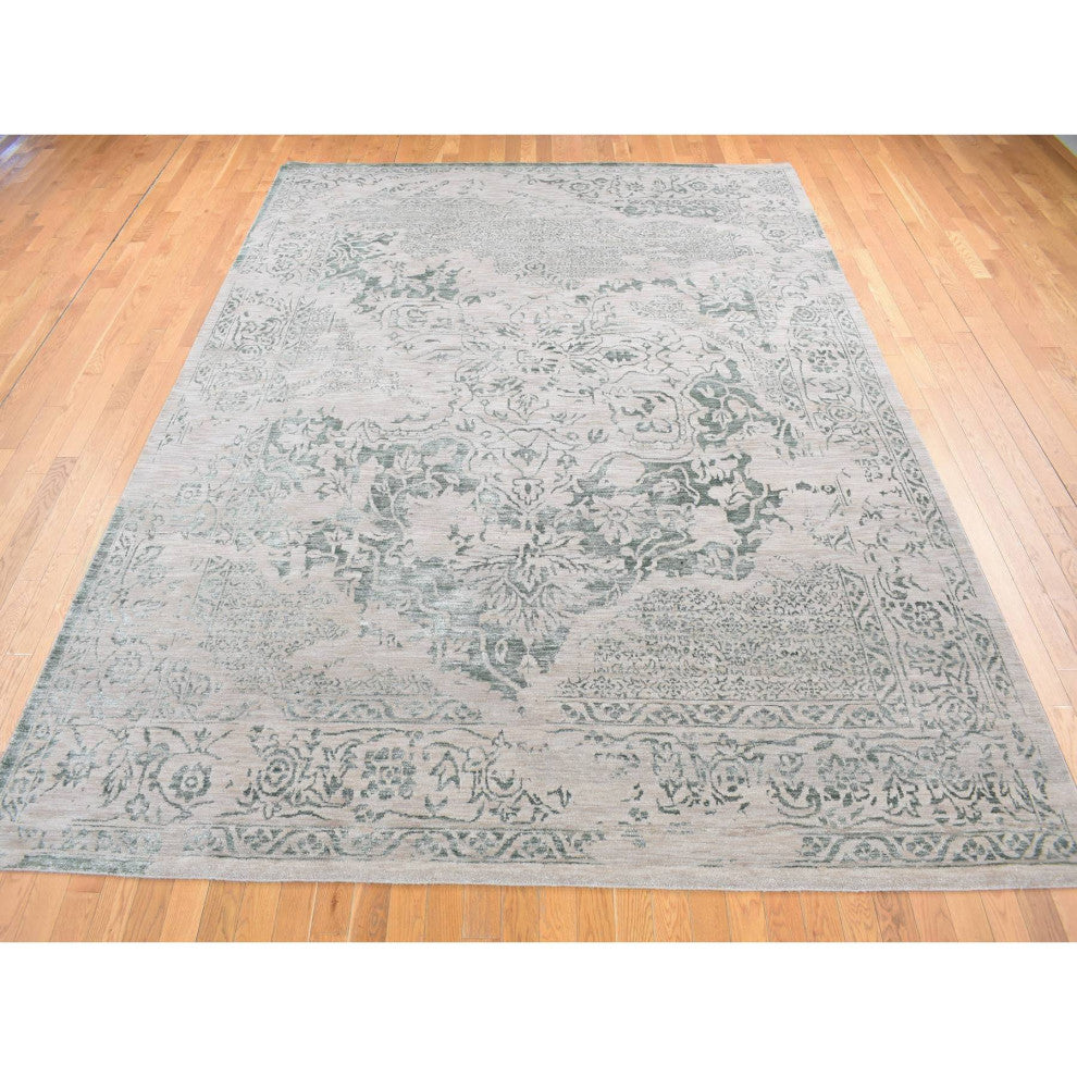 Tan Color, Broken Heriz Design, Wool and Silk Hand Knotted, Rug, 8'10"x12'