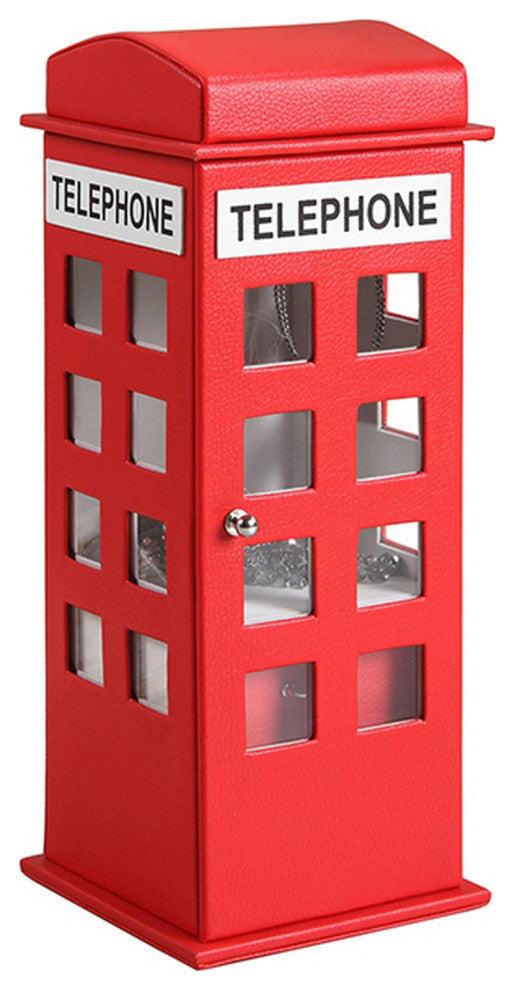 Benzara BM240350 Telephone Booth Jewelry Box With 2 Drawers, Red
