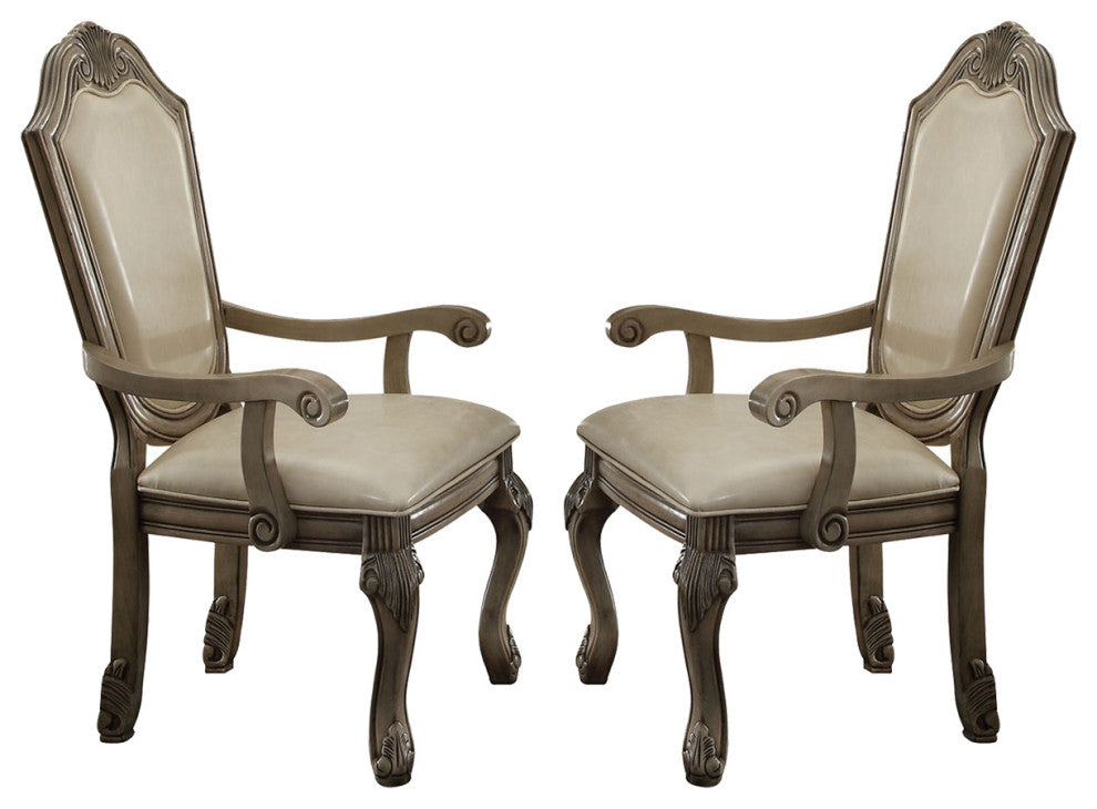 Set of 2 PU Upholstered Arm Chair, Antique White Finish