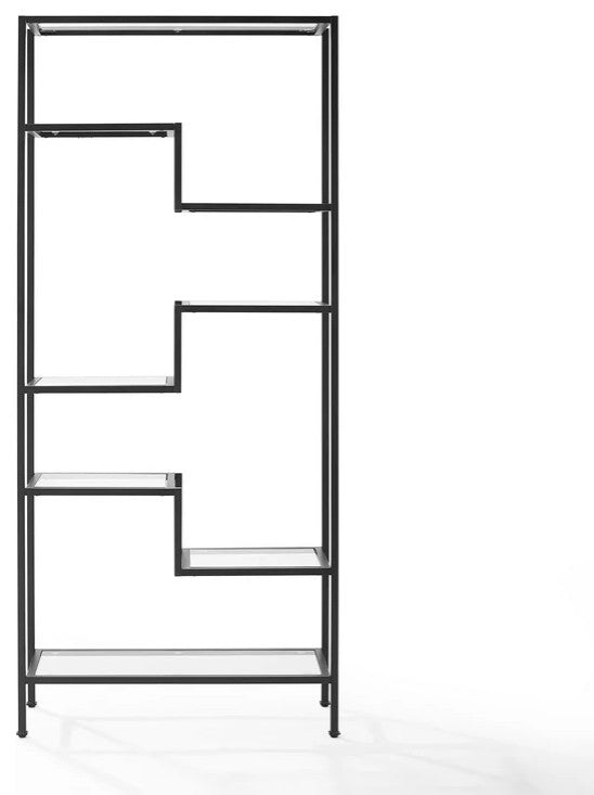 Modern Bookcase, Unique Geometric Design With Glass Open Shelves, Matte Black