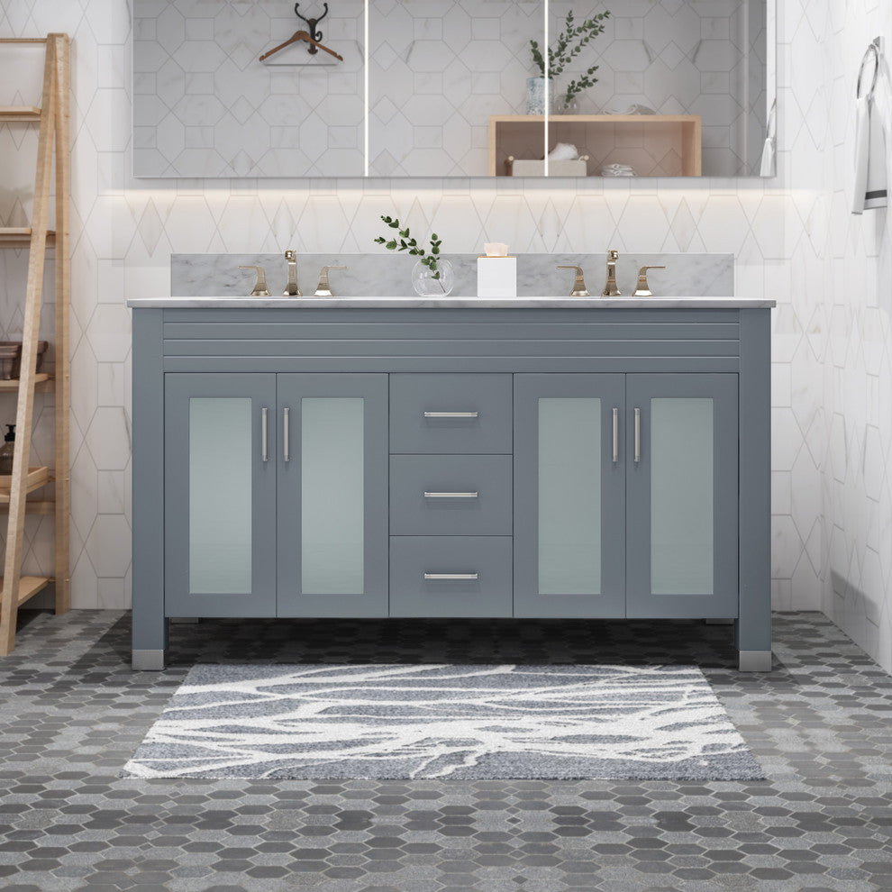 Taylor Contemporary 60" Wood Double Sink Bathroom Vanity With Marble Counter Top