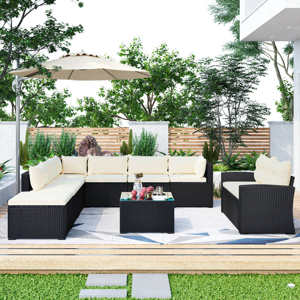9-Piece Outdoor Wicker Reversible Patio Sectional Sofa With Cushions
