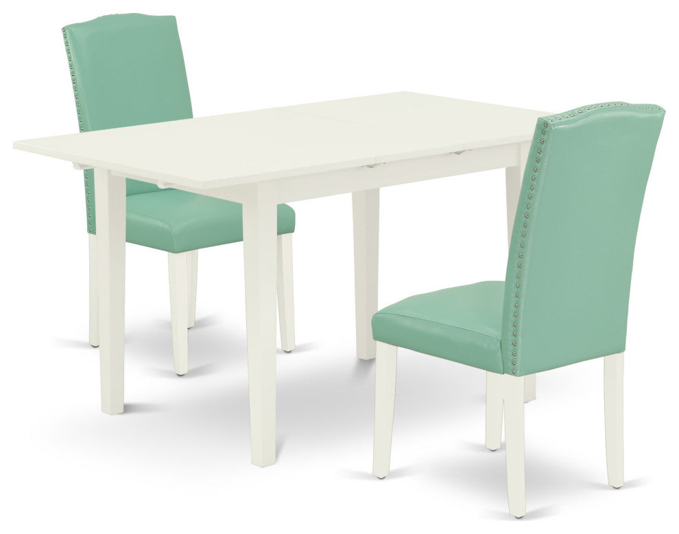 3Pc Dining Set, Nail Head Parsons Chairs, Butterfly Leaf Table, Linen White