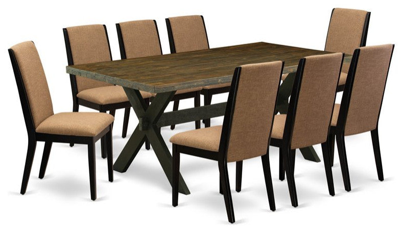 X677La147-9, 9-Piece Dining Set Table Top and 8 Linen Fabric Chairs, Black