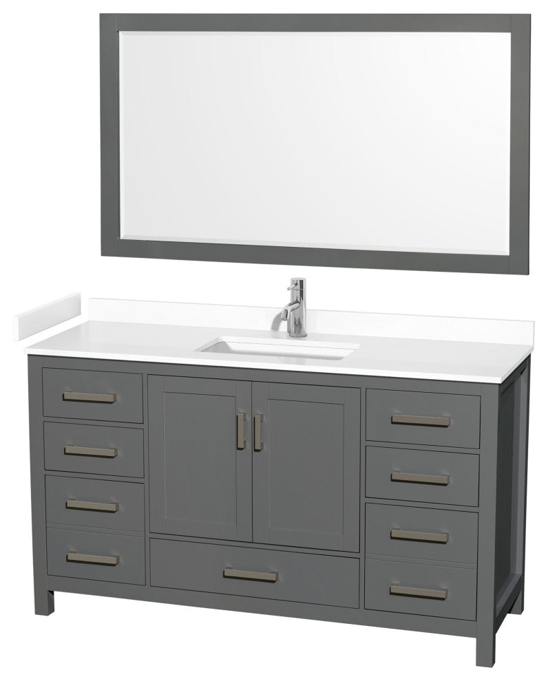 60"SGL Bathroom Vanity Dark Gray, White Cult. Marble Countertop, Sink, 58"Mirror