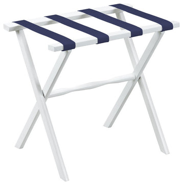 Hotel White Finish Wood Folding Luggage Rack With Navy Straps