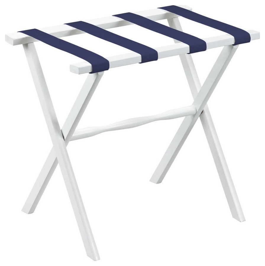 Hotel White Finish Wood Folding Luggage Rack With Navy Straps