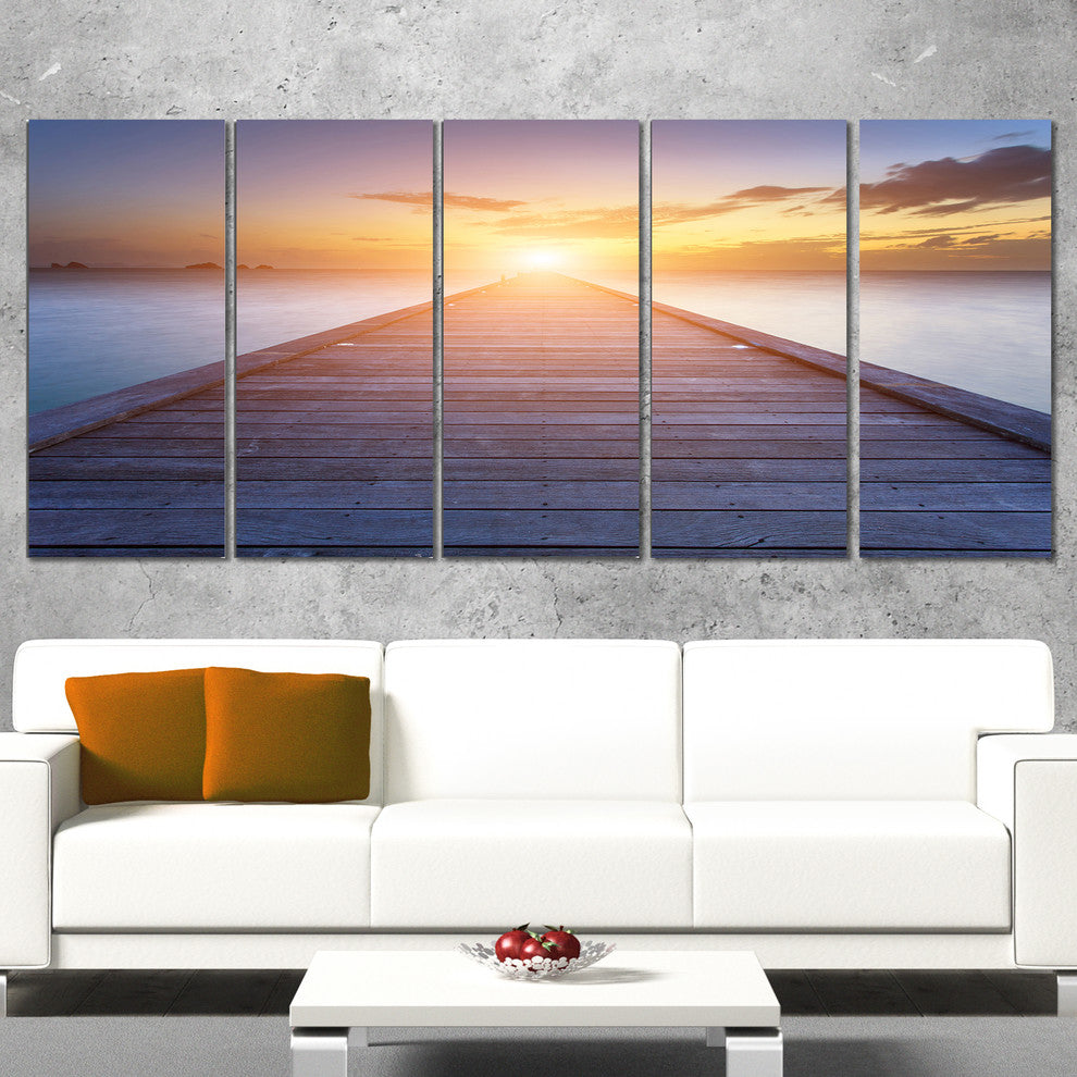 "Wooden Pier To Bright Evening Sun" Sea Bridge Wall Artwork, 5 Panels, 60"x28"