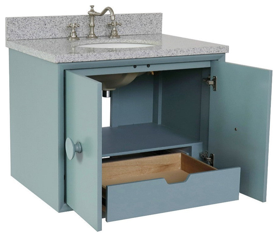 31" Single Wall Mount Vanity, Aqua Blue Finish With Gray Granite Top