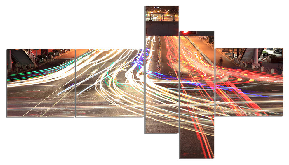 Light Traces on Crossroad, Cityscape Digital Art Canvas Print, 60"x32", 5 panels