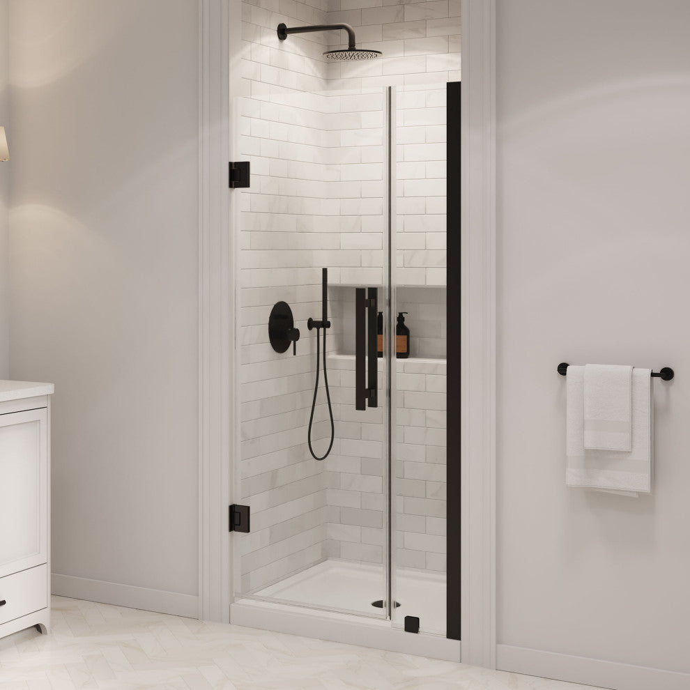 Panama Alcove Frameless Pivot Hinge Shower Door Kit With Base Pan, 2025, Black, 36x32"