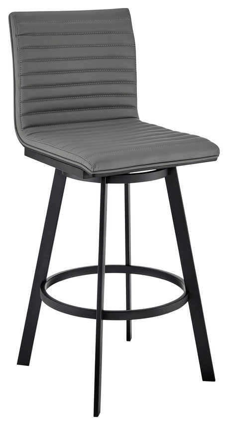 26" Gray and Black Faux Leather and Iron Swivel Counter Height Bar Chair