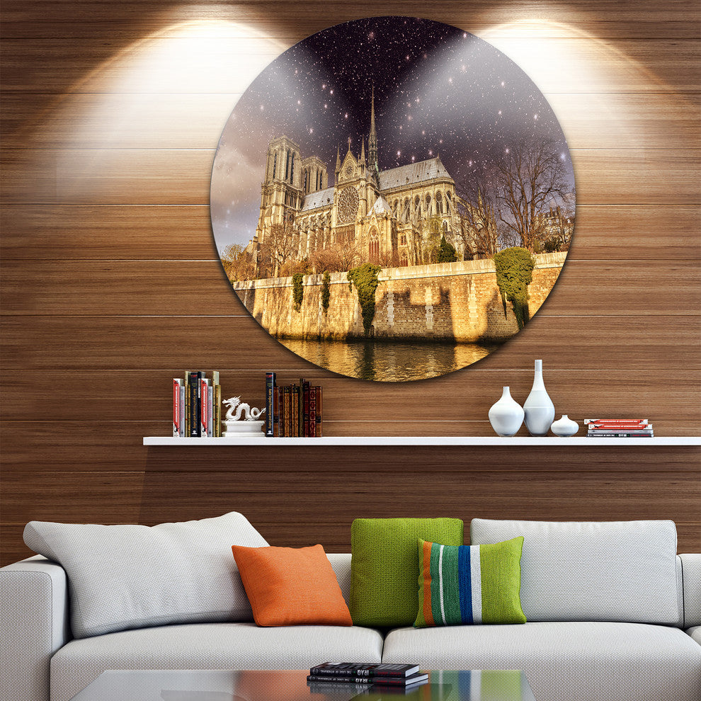 Notre Dame Cathedral At Night, Cityscape Photo Round Metal Artwork, 11"
