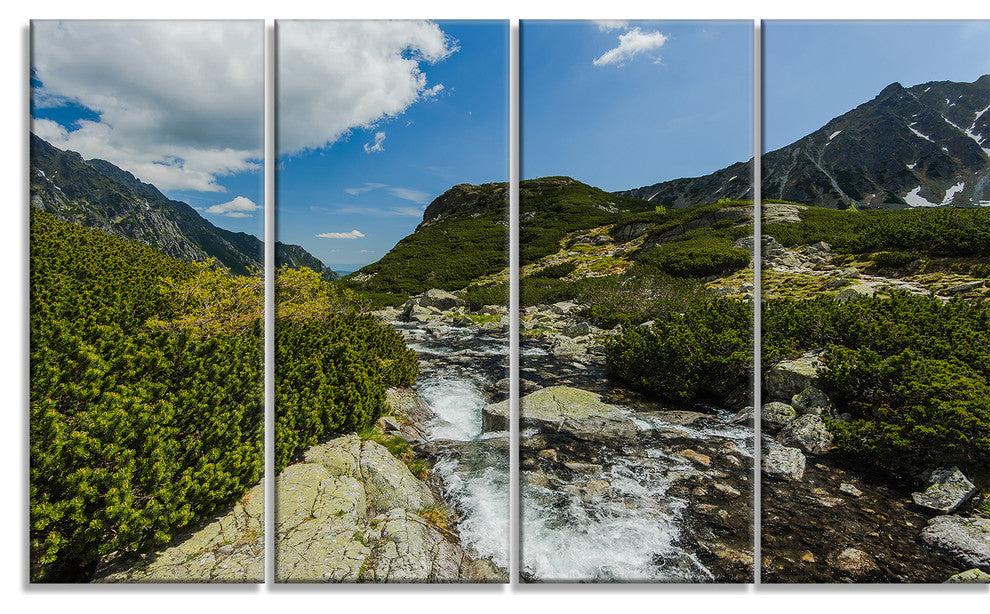 "Alpine Stream in High Mountains" Canvas Print, 4 Panels