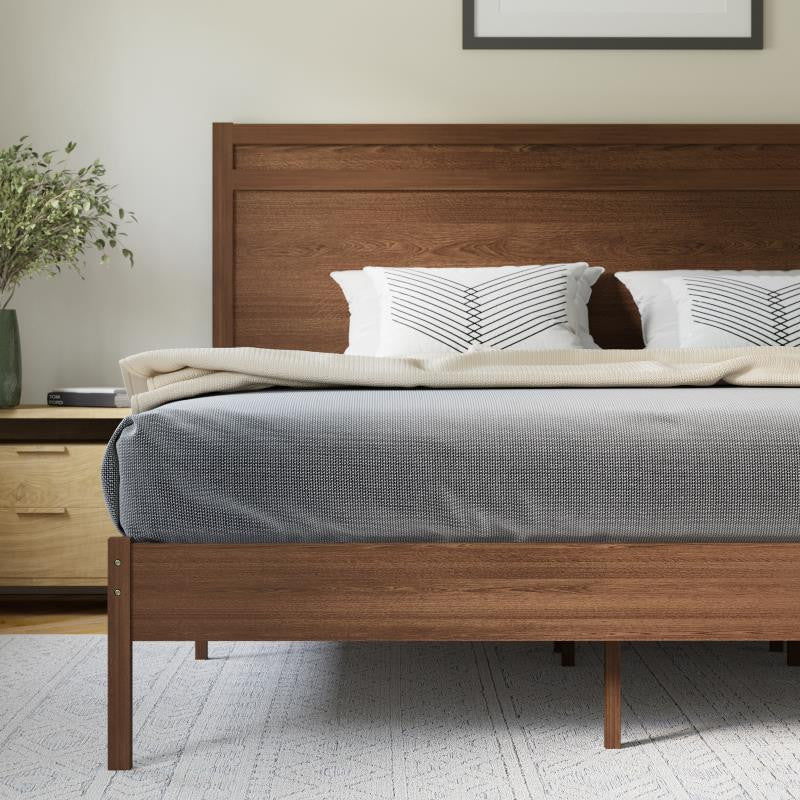 Kingston Solid Wood Platform Bed with Wooden Slats and Headboard, Brown, King