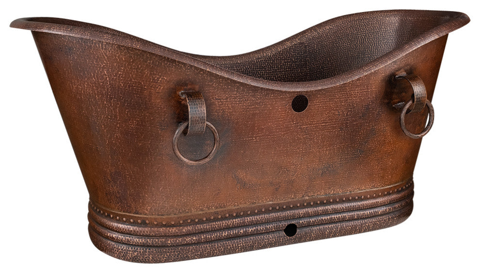 67" Hammered Copper Double Slipper Bathtub, Rings, Overflow Holes & Drain