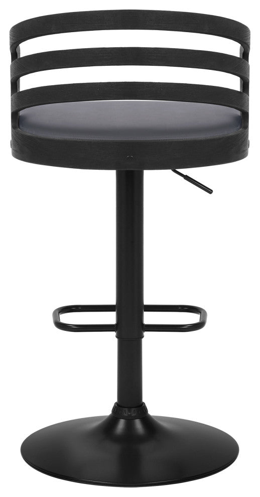 Adele Adjustable Height Swivel Gray Faux Leather and Black Wood Bar Stool
