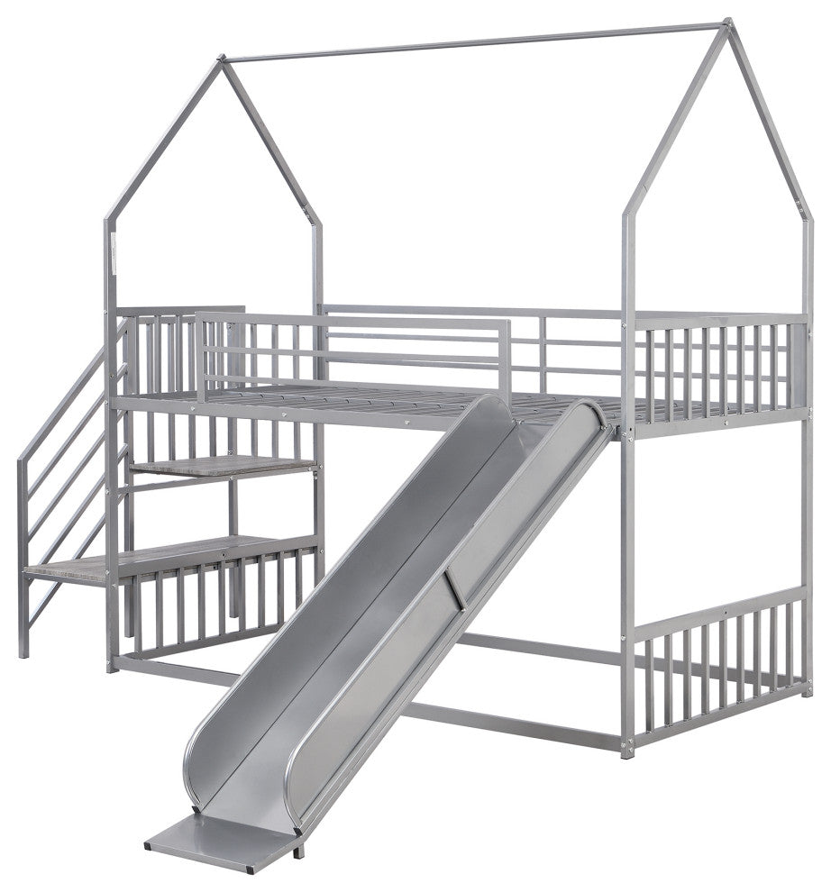 Gewnee Twin over Twin Metal Bunk Bed House Bed with Slide and Staircase