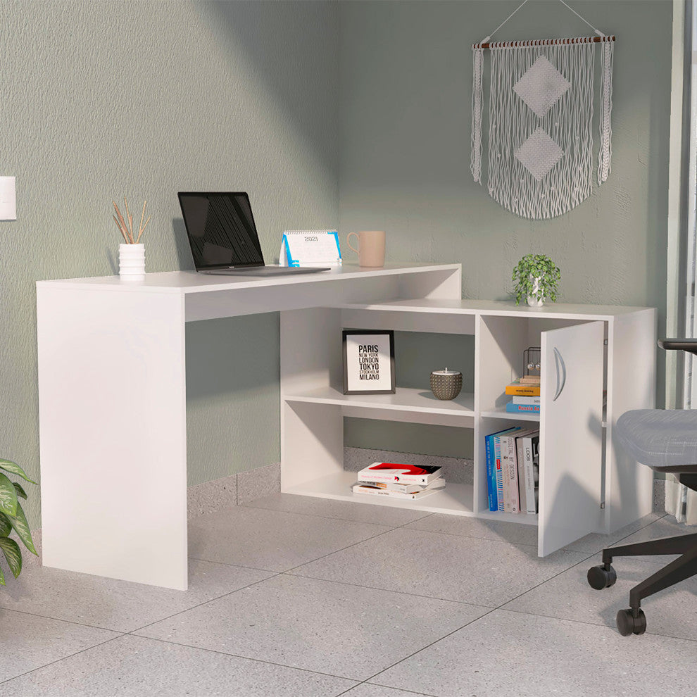 Dallas L-Shaped Home Office Desk with 2 Open Shelves and Cabinet, Light Gray
