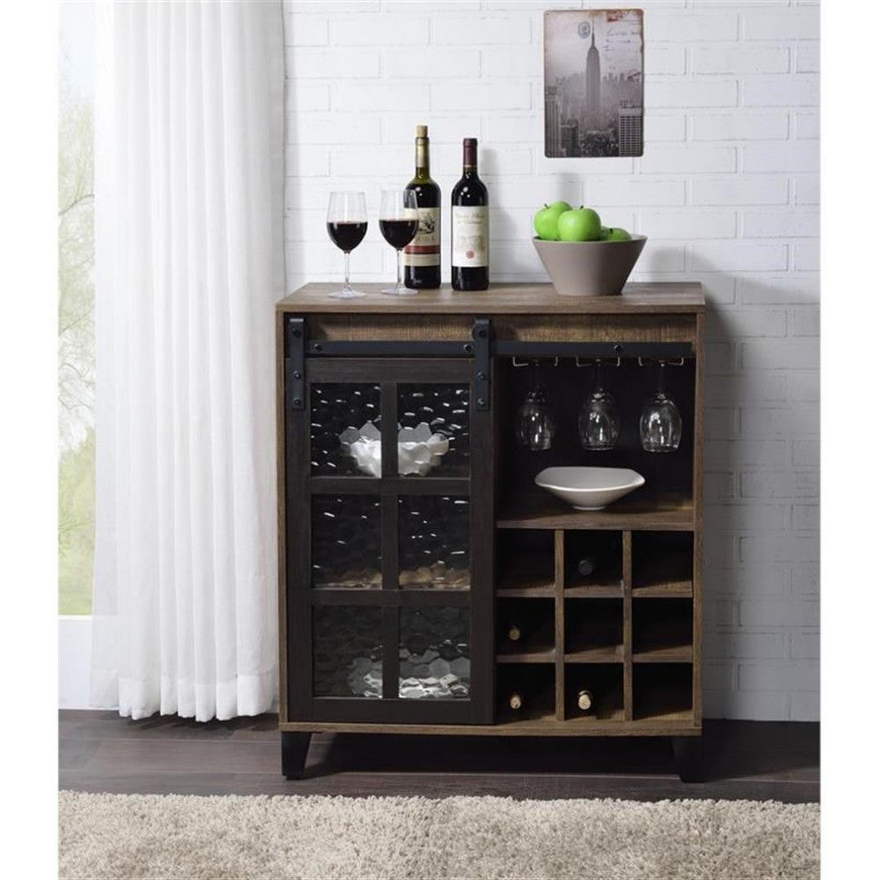 Bowery Hill Wooden Wine Cabinet with Glass Door in Rustic Oak and Black