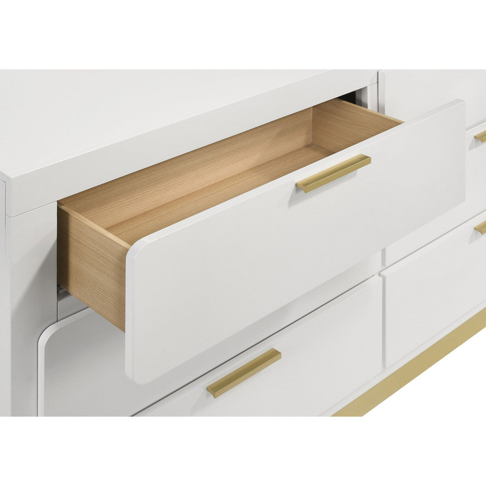 6 Drawers Wooden Nightstand With Bar Drawer Pulls, White and Gold