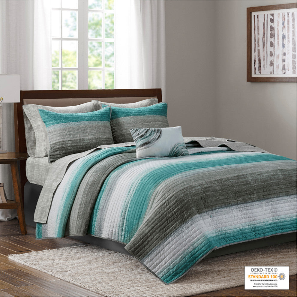 Madison Park Essentials Saben 6 Piece Quilt Set With Cotton Bed Sheets, Aqua