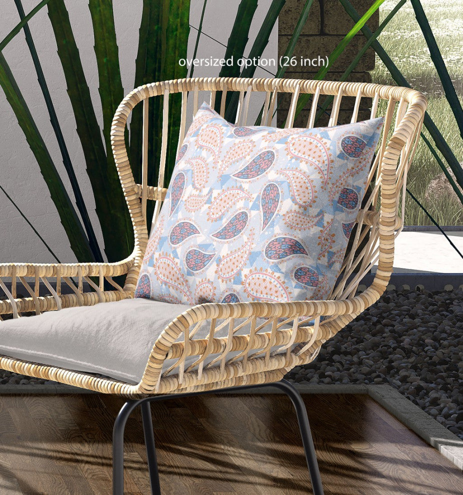 16" Blue Pink Boho Paisley Indoor Outdoor Throw Pillow