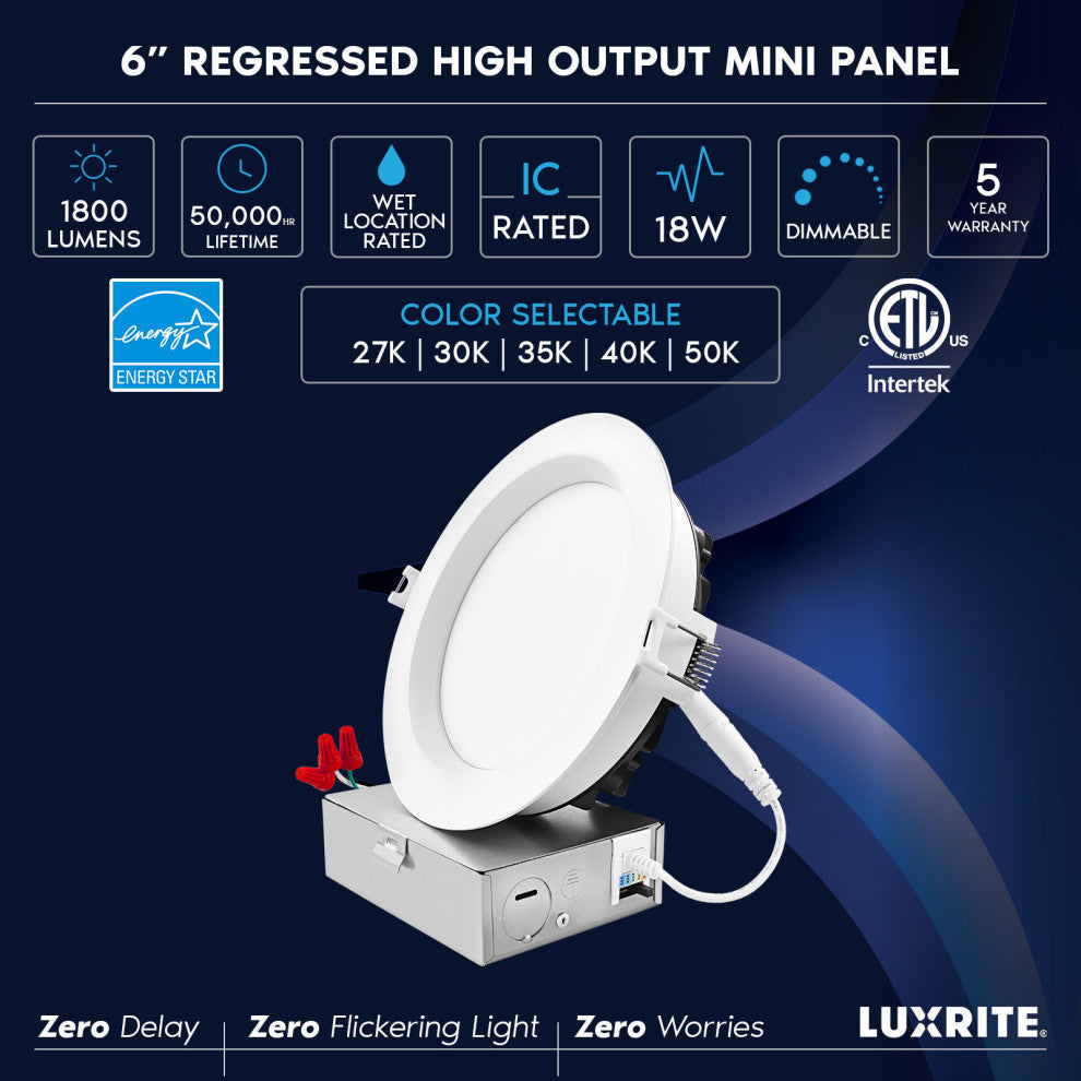 Luxrite 6" LED Recessed Light J-Box 18W 5CCT 1800LM Dimmable 4 Pack