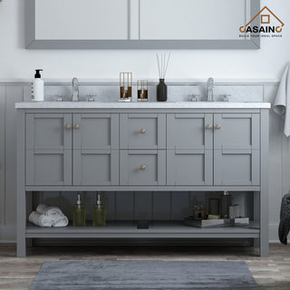 CASAINC 60" Marble Top Luxury Double Sink Bathroom Vanity, Gray