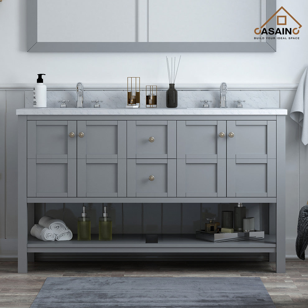 CASAINC 60" Marble Top Luxury Double Sink Bathroom Vanity, Gray