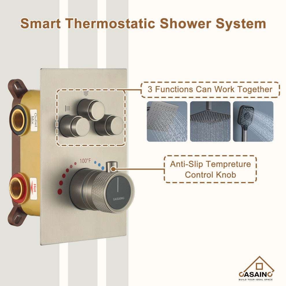 CASAINC 12" Ceiling Mounted Rainfall Shower System Set w Dual Shower Head, Brushed Nickel